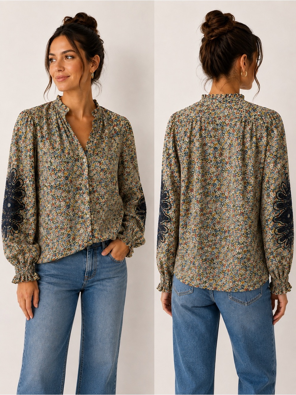 Solitaire x Anthropologie Floral Blouse Embroidered Cutwork Sleeve Boho Top Sz L